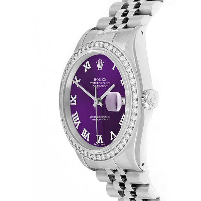 Rolex Datejust 36mm STAINLESS STEEL 16234 Purple Dial | Roman Hour Markers, 1.8 ct Diamond Bezel
