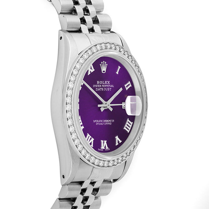 Rolex Datejust 36mm STAINLESS STEEL 16234 Purple Dial | Roman Hour Markers, 1.8 ct Diamond Bezel