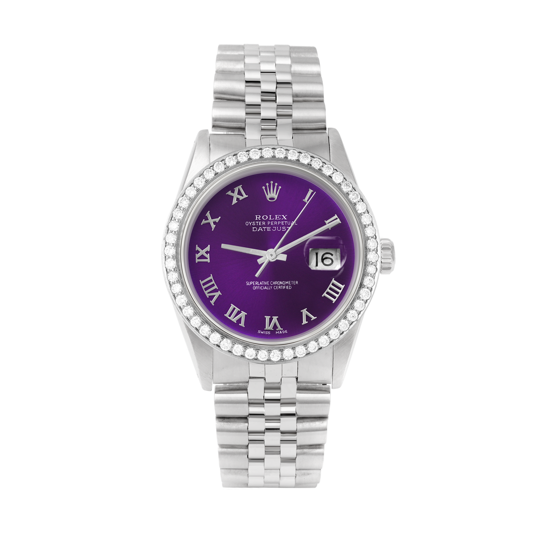Rolex Datejust 36mm STAINLESS STEEL 16234 Purple Dial | Roman Hour Markers, 1.8 ct Diamond Bezel