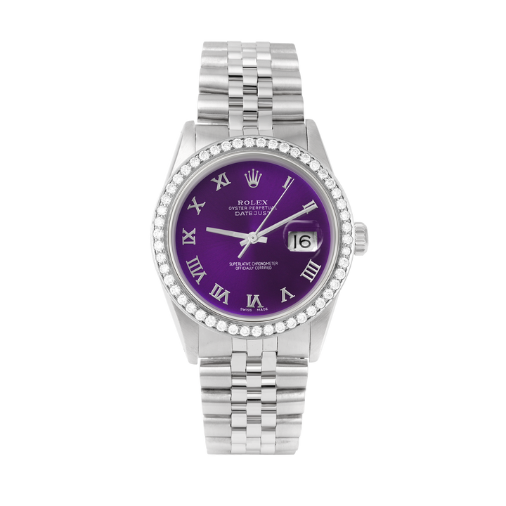 Rolex Datejust 36mm STAINLESS STEEL 16234 Purple Dial | Roman Hour Markers, 1.8 ct Diamond Bezel