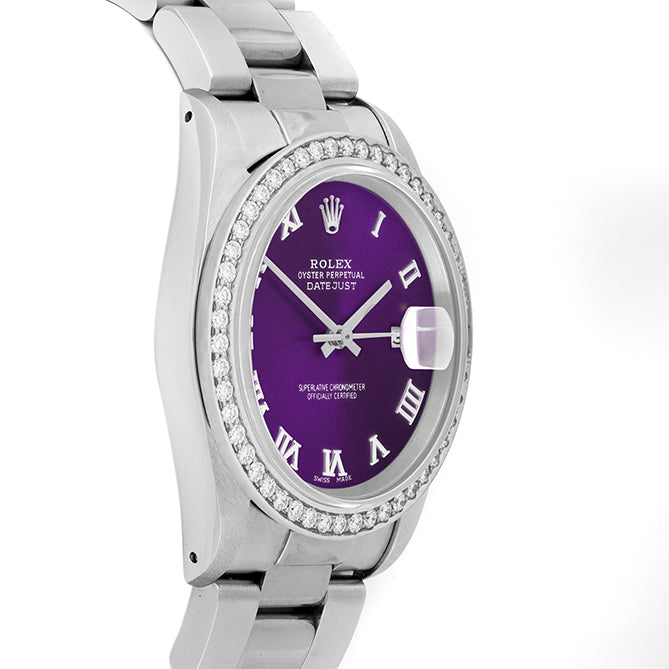 Rolex Datejust 36mm STAINLESS STEEL 16234 Purple Dial | Roman Hour Markers, 1.8 ct Diamond Bezel