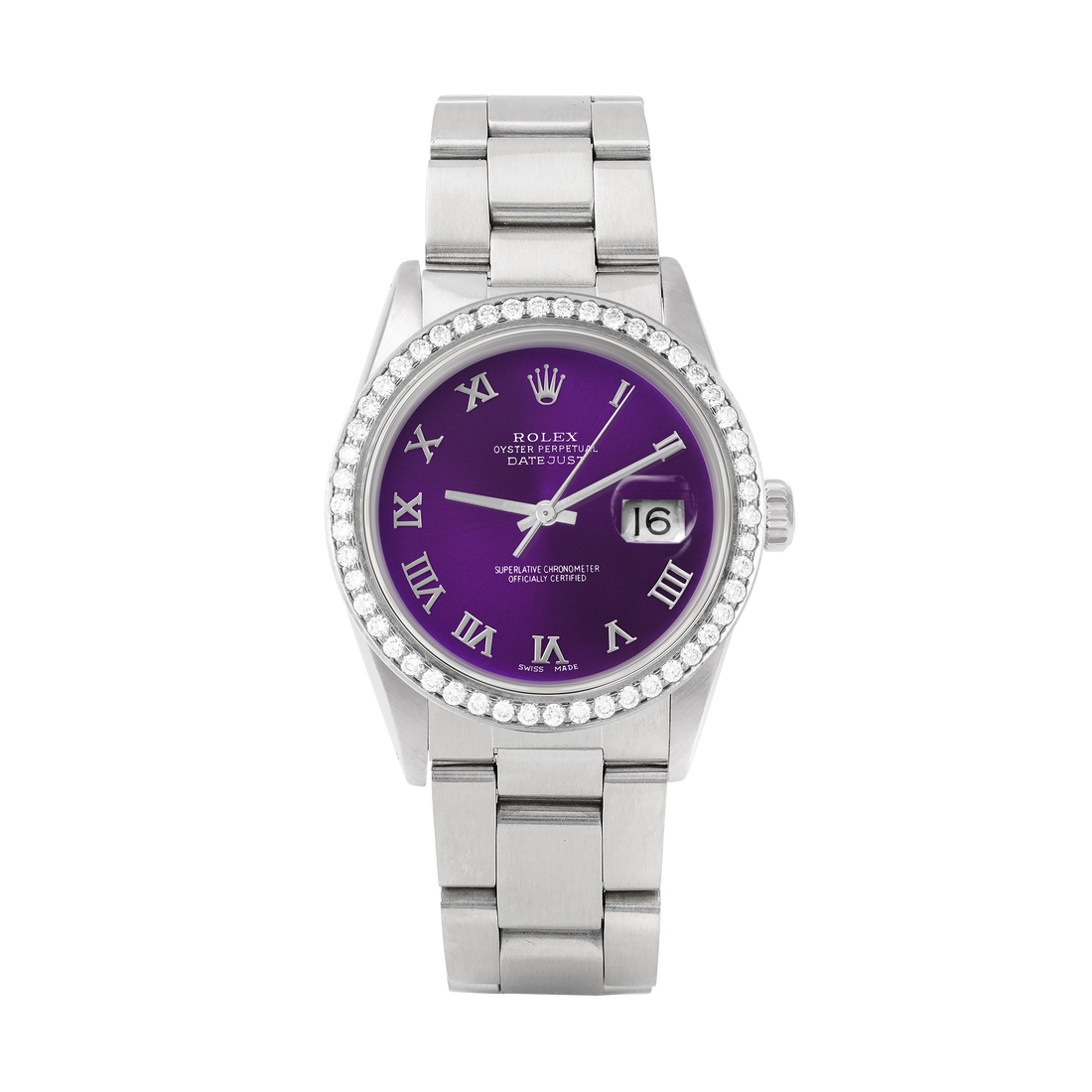 Rolex Datejust 36mm STAINLESS STEEL 16234 Purple Dial | Roman Hour Markers, 1.8 ct Diamond Bezel