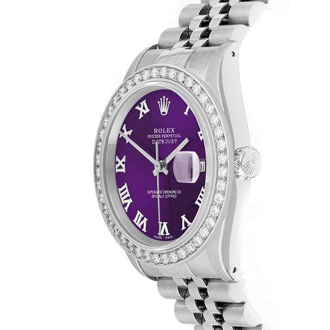 Rolex Datejust 36mm STAINLESS STEEL 16234 Purple  Dial | Roman Hour Markers, 2 ct Diamond Bezel