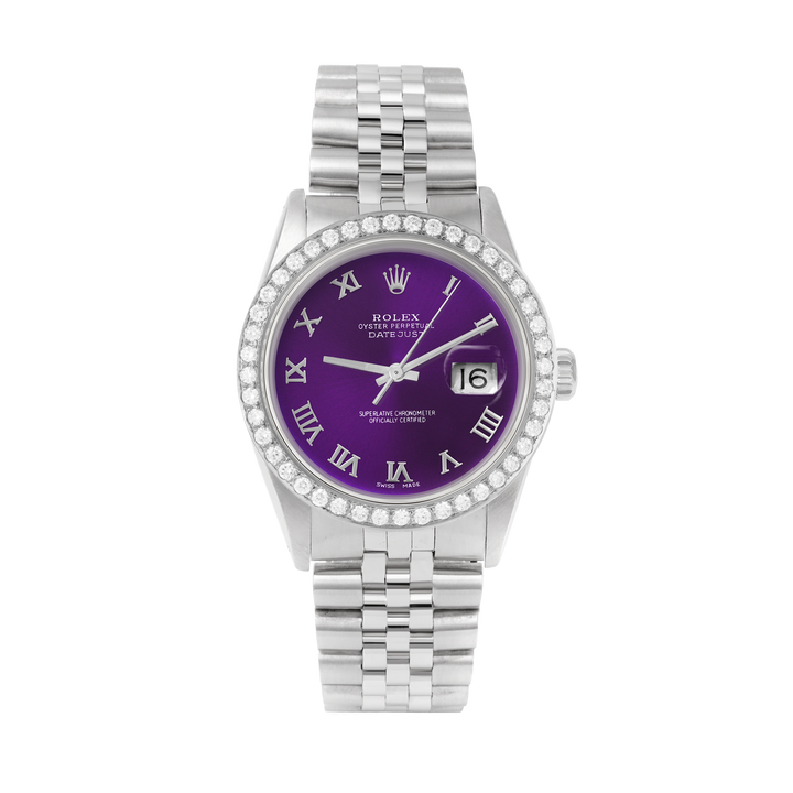Rolex Datejust 36mm STAINLESS STEEL 16234 Purple  Dial | Roman Hour Markers, 2 ct Diamond Bezel