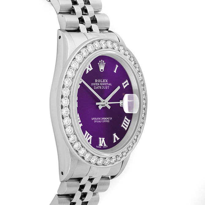 Rolex Datejust 36mm STAINLESS STEEL 16234 Purple Dial | Roman Hour Markers | 2.5 ct Diamond Bezel