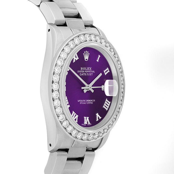 Rolex Datejust 36mm STAINLESS STEEL 16234 Purple Dial | Roman Hour Markers | 2.5 ct Diamond Bezel