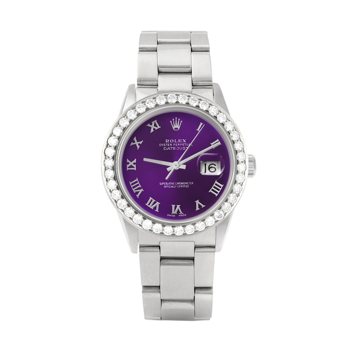 Rolex Datejust 36mm STAINLESS STEEL 16234 Purple Dial | Roman Hour Markers | 2.5 ct Diamond Bezel