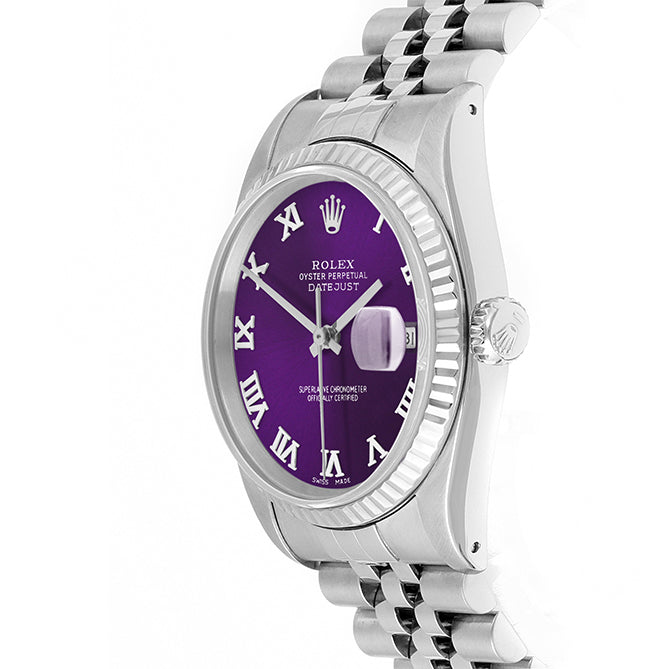 Rolex Datejust 36mm STAINLESS STEEL 16234 Purple Dial | Roman Hour Markers | Fluted  Bezel
