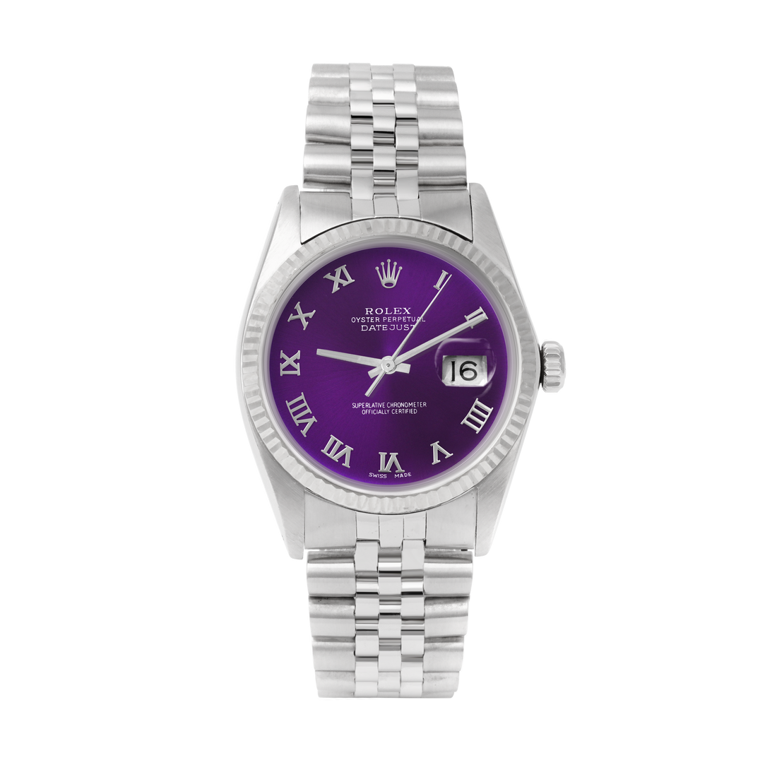 Rolex Datejust 36mm STAINLESS STEEL 16234 Purple Dial | Roman Hour Markers | Fluted  Bezel
