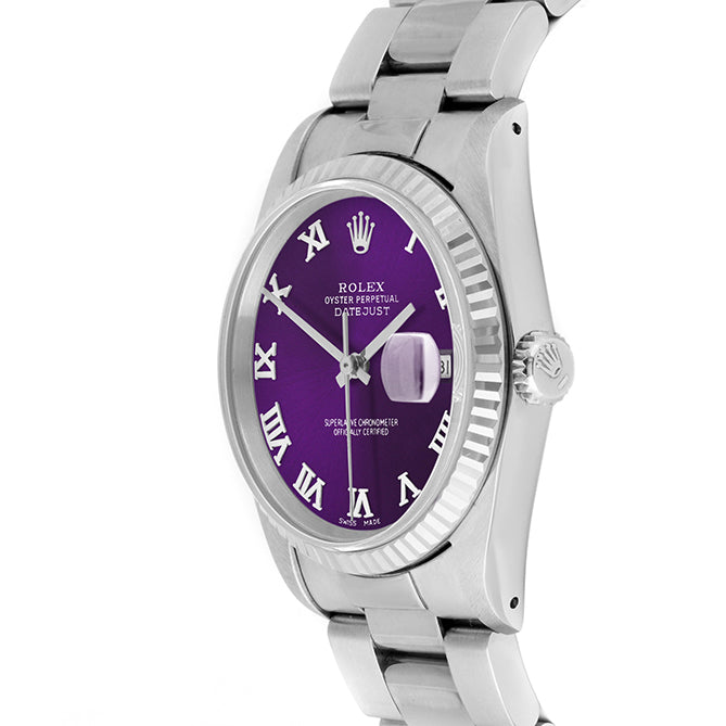 Rolex Datejust 36mm STAINLESS STEEL 16234 Purple Dial | Roman Hour Markers | Fluted  Bezel