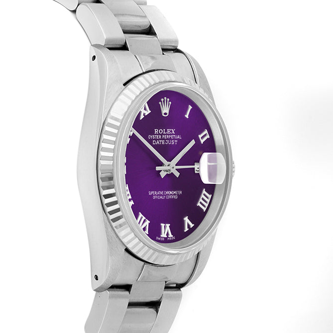 Rolex Datejust 36mm STAINLESS STEEL 16234 Purple Dial | Roman Hour Markers | Fluted  Bezel