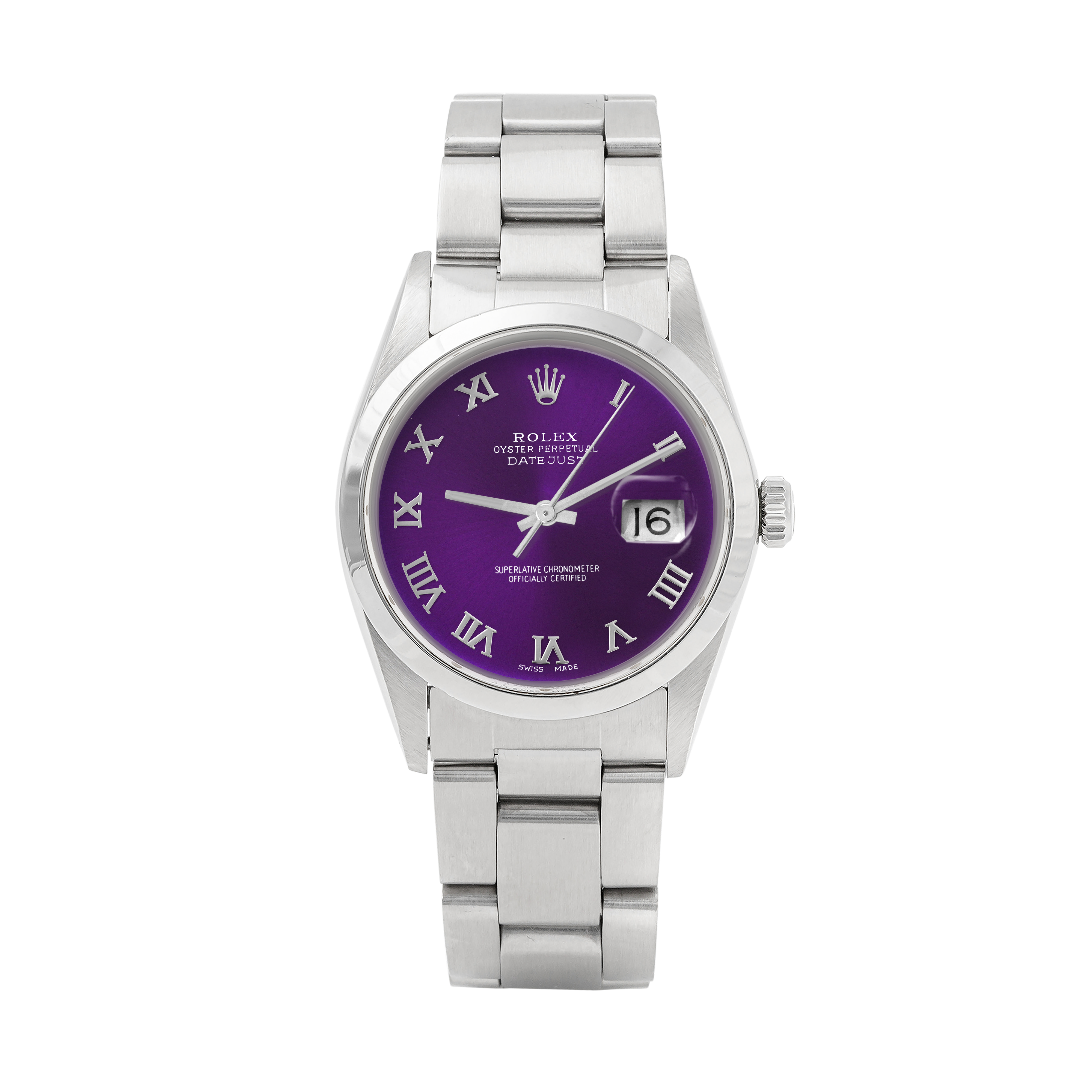 Rolex Datejust 36mm STAINLESS STEEL 16200  Purple Dial | Roman Hour Markers | Smooth Bezel