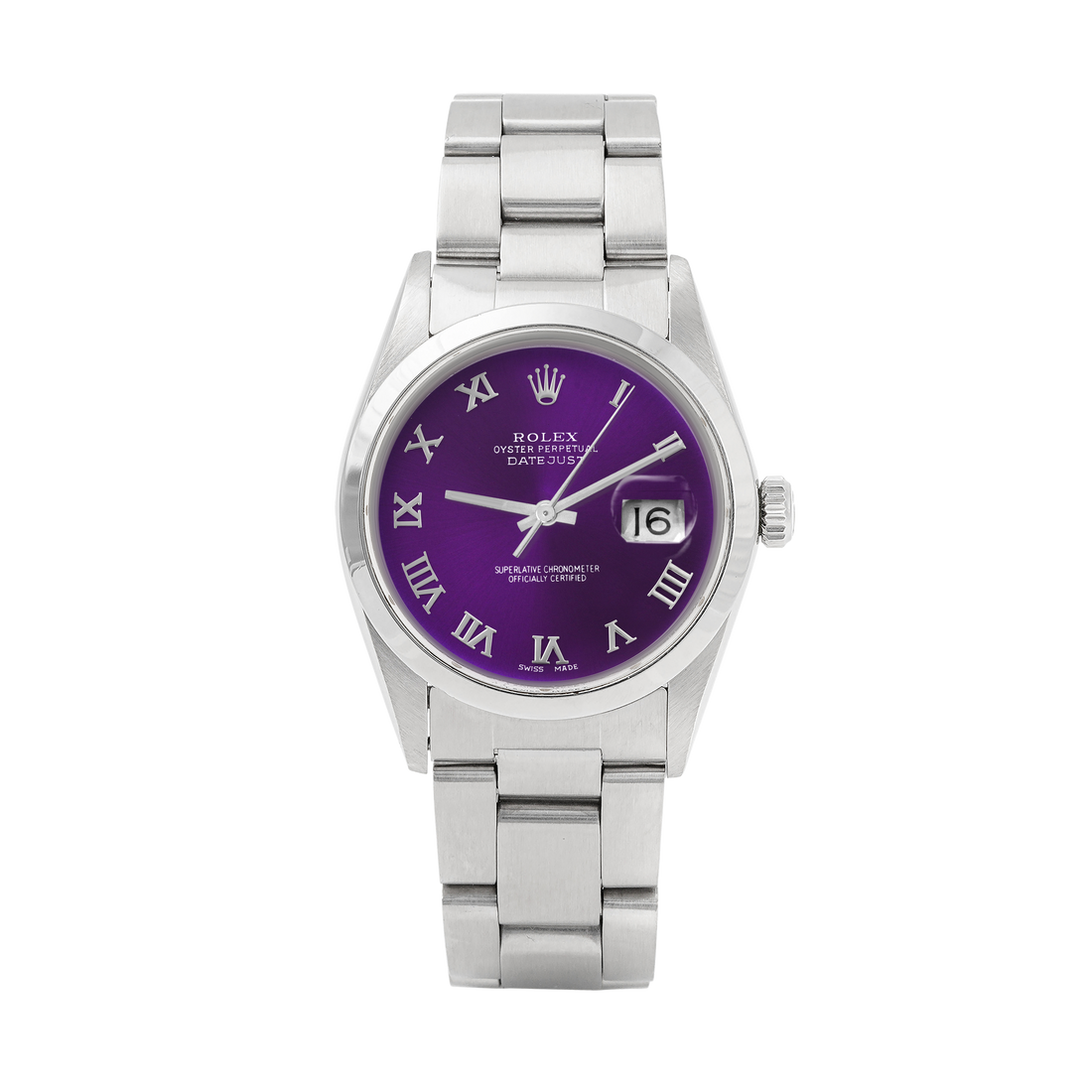 Rolex Datejust 36mm STAINLESS STEEL 16200  Purple Dial | Roman Hour Markers | Smooth Bezel