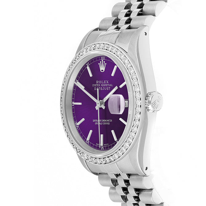 Rolex Datejust 36mm STAINLESS STEEL 16234 Purple  Dial | Sticks Hour Markers, 1 ct Diamond Bezel