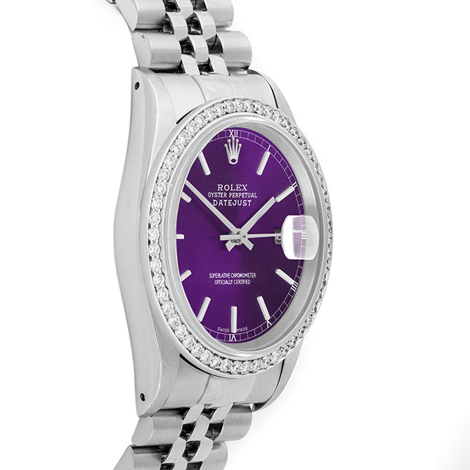 Rolex Datejust 36mm STAINLESS STEEL 16234 Purple  Dial | Sticks Hour Markers, 1 ct Diamond Bezel