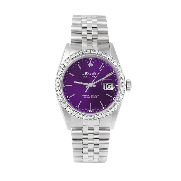 Rolex Datejust 36mm STAINLESS STEEL 16234 Purple  Dial | Sticks Hour Markers, 1 ct Diamond Bezel