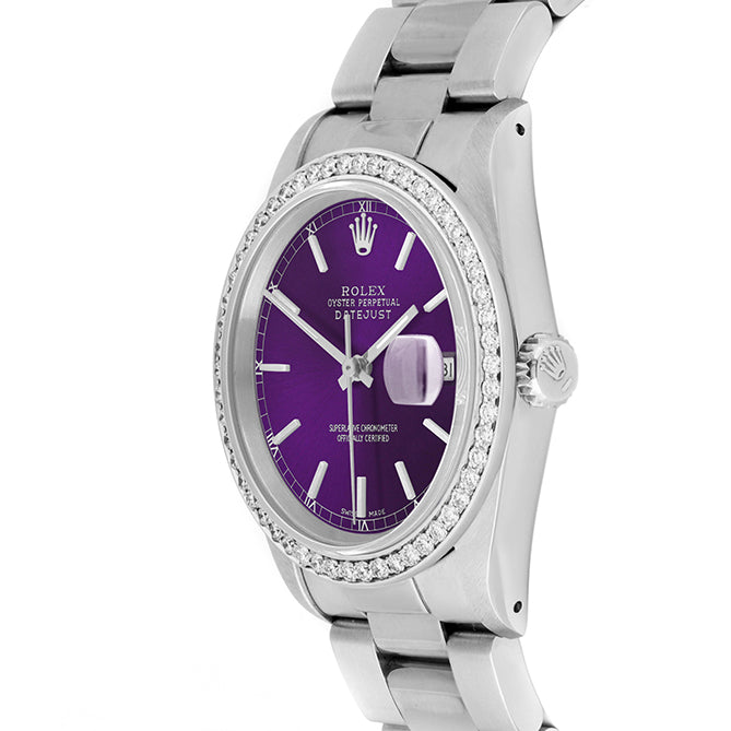 Rolex Datejust 36mm STAINLESS STEEL 16234 Purple  Dial | Sticks Hour Markers, 1 ct Diamond Bezel