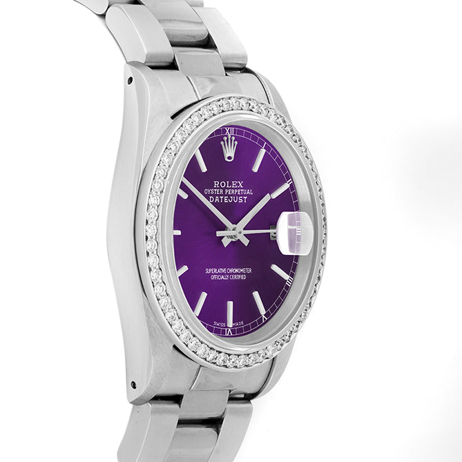 Rolex Datejust 36mm STAINLESS STEEL 16234 Purple  Dial | Sticks Hour Markers, 1 ct Diamond Bezel