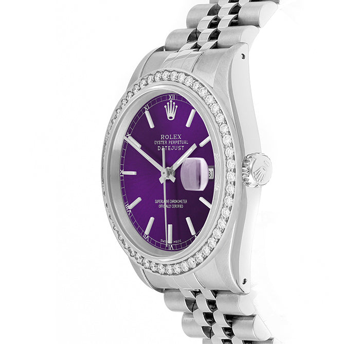 Rolex Datejust 36mm STAINLESS STEEL 16234 Purple  Dial | Stick Hour Markers | 1.8ct Diamond Bezel