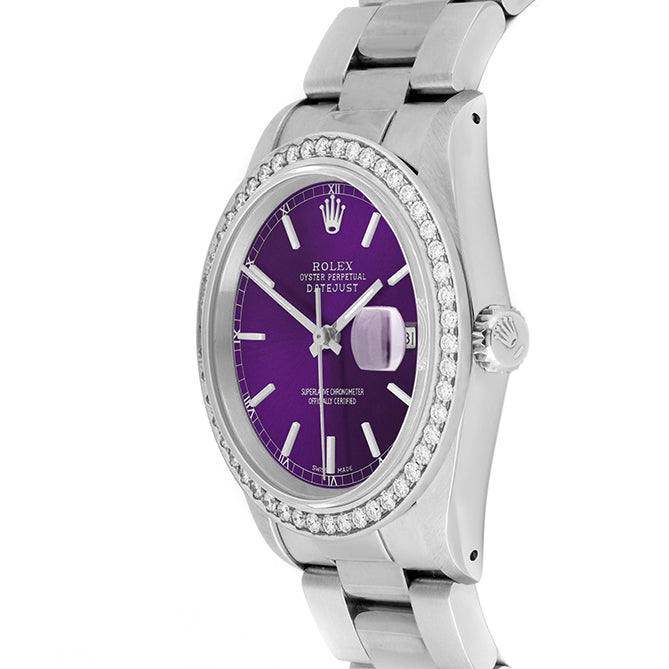 Rolex Datejust 36mm STAINLESS STEEL 16234 Purple Dial | Stick Hour Markers, 1.8ct Diamond Bezel