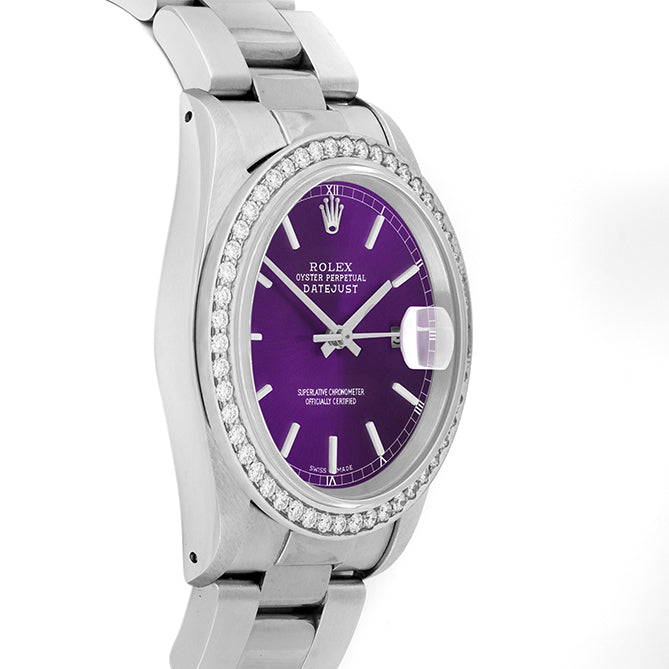 Rolex Datejust 36mm STAINLESS STEEL 16234 Purple Dial | Stick Hour Markers, 1.8ct Diamond Bezel