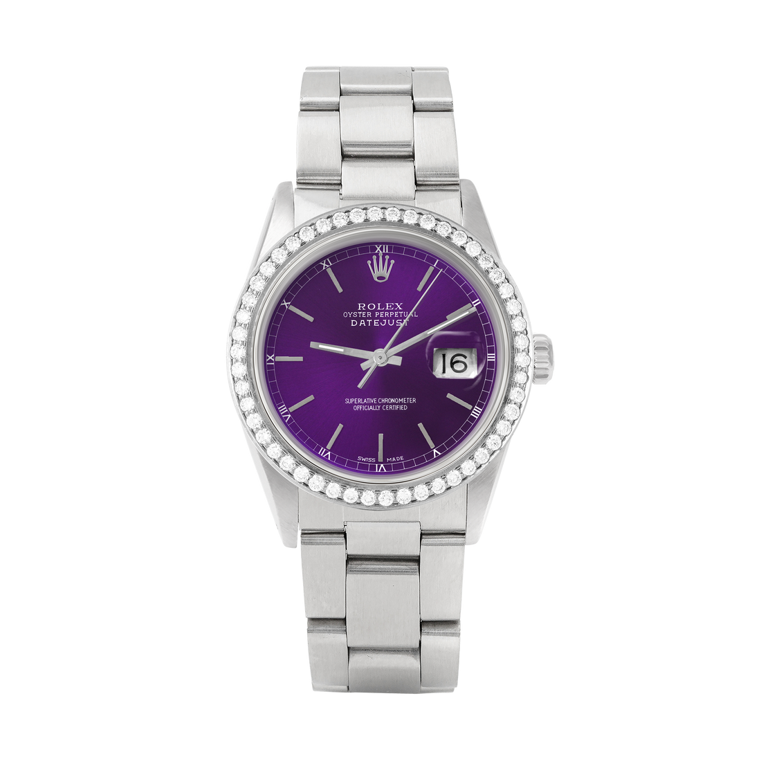 Rolex Datejust 36mm STAINLESS STEEL 16234 Purple Dial | Stick Hour Markers, 1.8ct Diamond Bezel