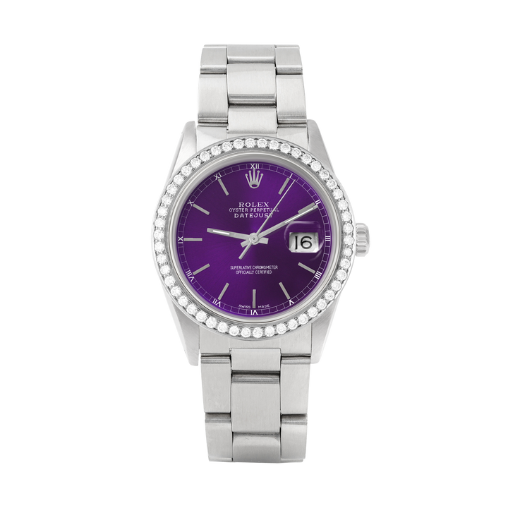 Rolex Datejust 36mm STAINLESS STEEL 16234 Purple Dial | Stick Hour Markers, 1.8ct Diamond Bezel