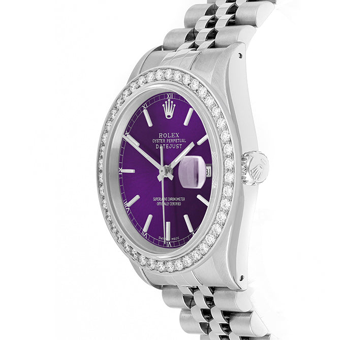 Rolex Datejust 36mm STAINLESS STEEL 16234 Purple Dial | Sticks Hour Markers, 2 ct Diamond Bezel