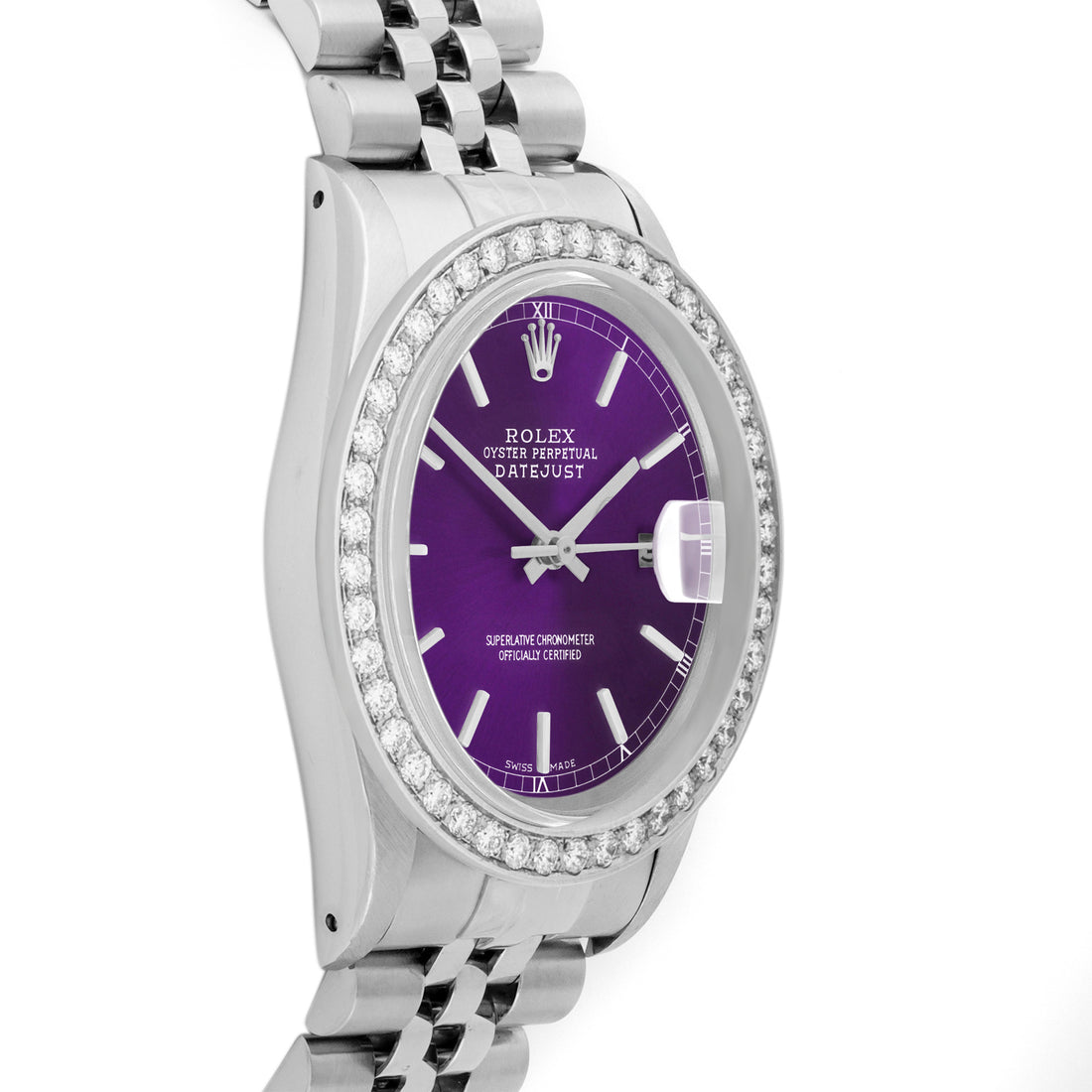 Rolex Datejust 36mm STAINLESS STEEL 16234 Purple Dial | Sticks Hour Markers, 2 ct Diamond Bezel