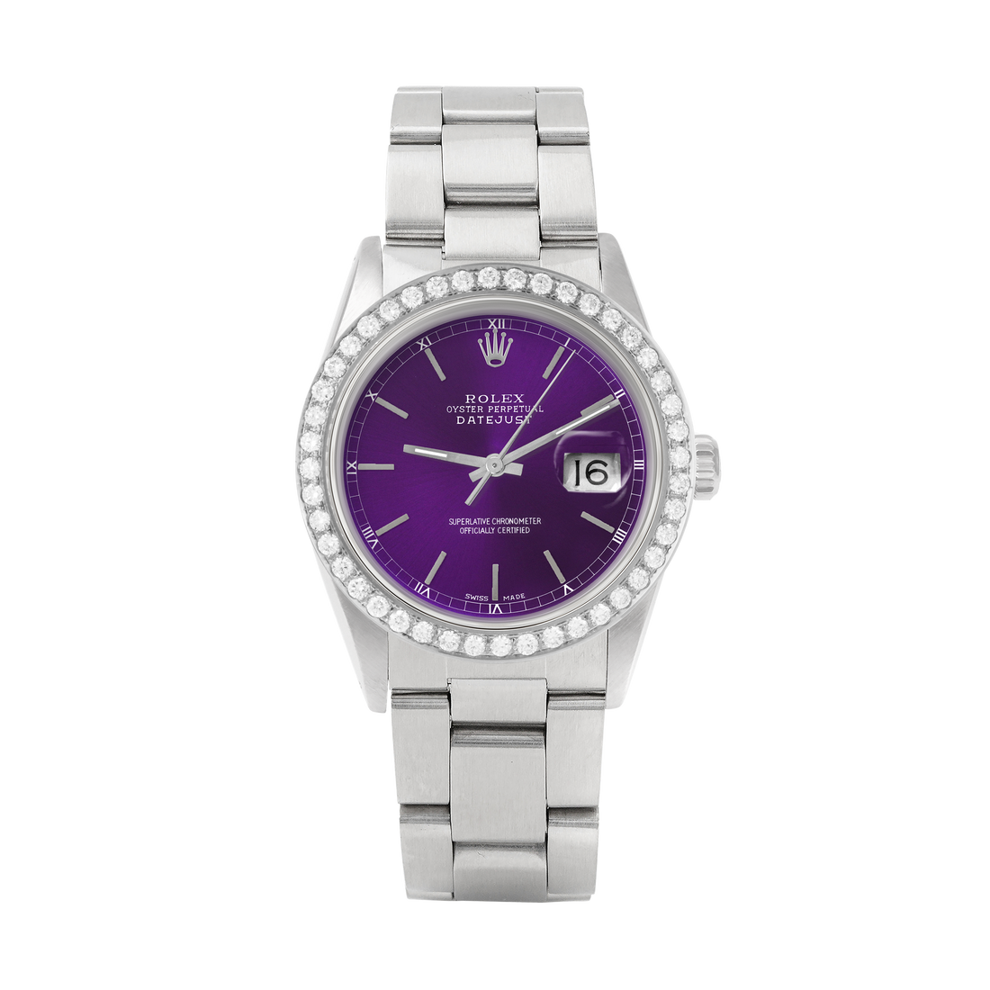 Rolex Datejust 36mm STAINLESS STEEL 16234 Purple Dial | Sticks Hour Markers, 2 ct Diamond Bezel