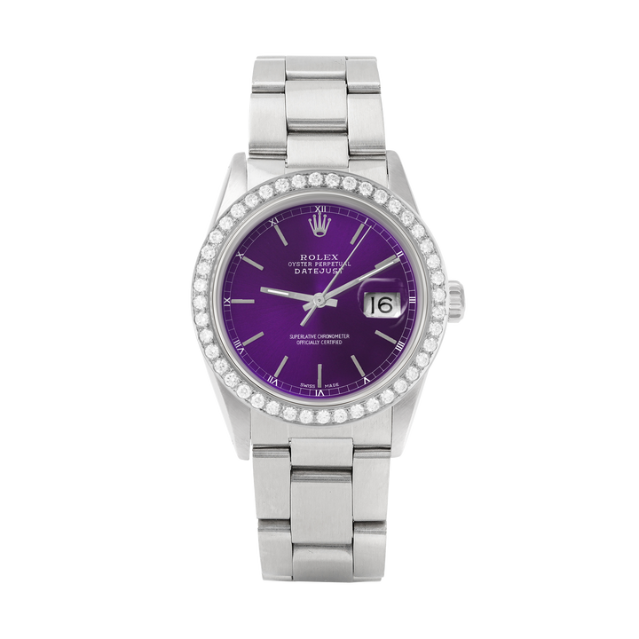 Rolex Datejust 36mm STAINLESS STEEL 16234 Purple Dial | Sticks Hour Markers, 2 ct Diamond Bezel