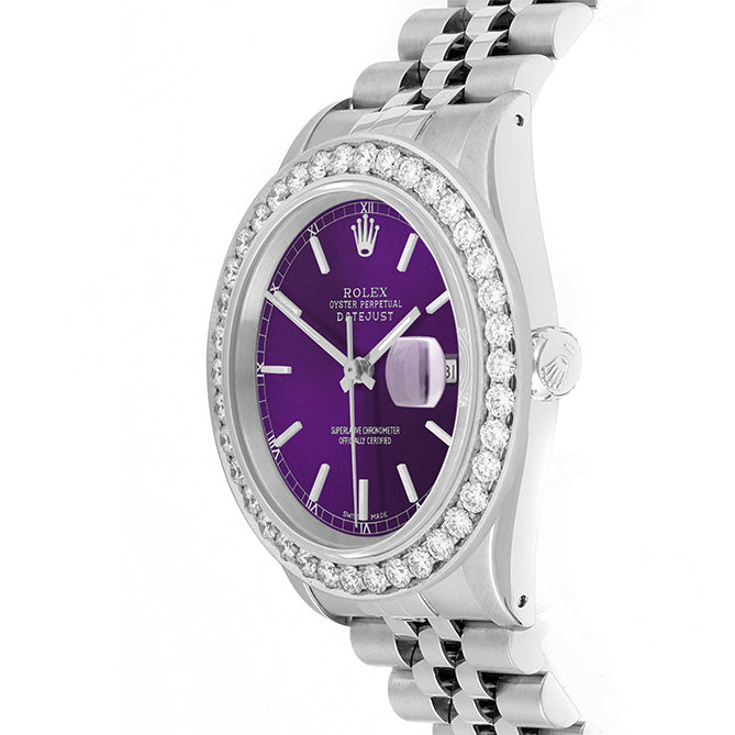 Rolex Datejust 36mm STAINLESS STEEL 16234 Purple Dial | Stick Hour Markers, 2.5 ct Diamond Bezel
