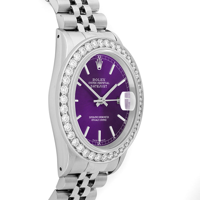 Rolex Datejust 36mm STAINLESS STEEL 16234 Purple Dial | Stick Hour Markers, 2.5 ct Diamond Bezel