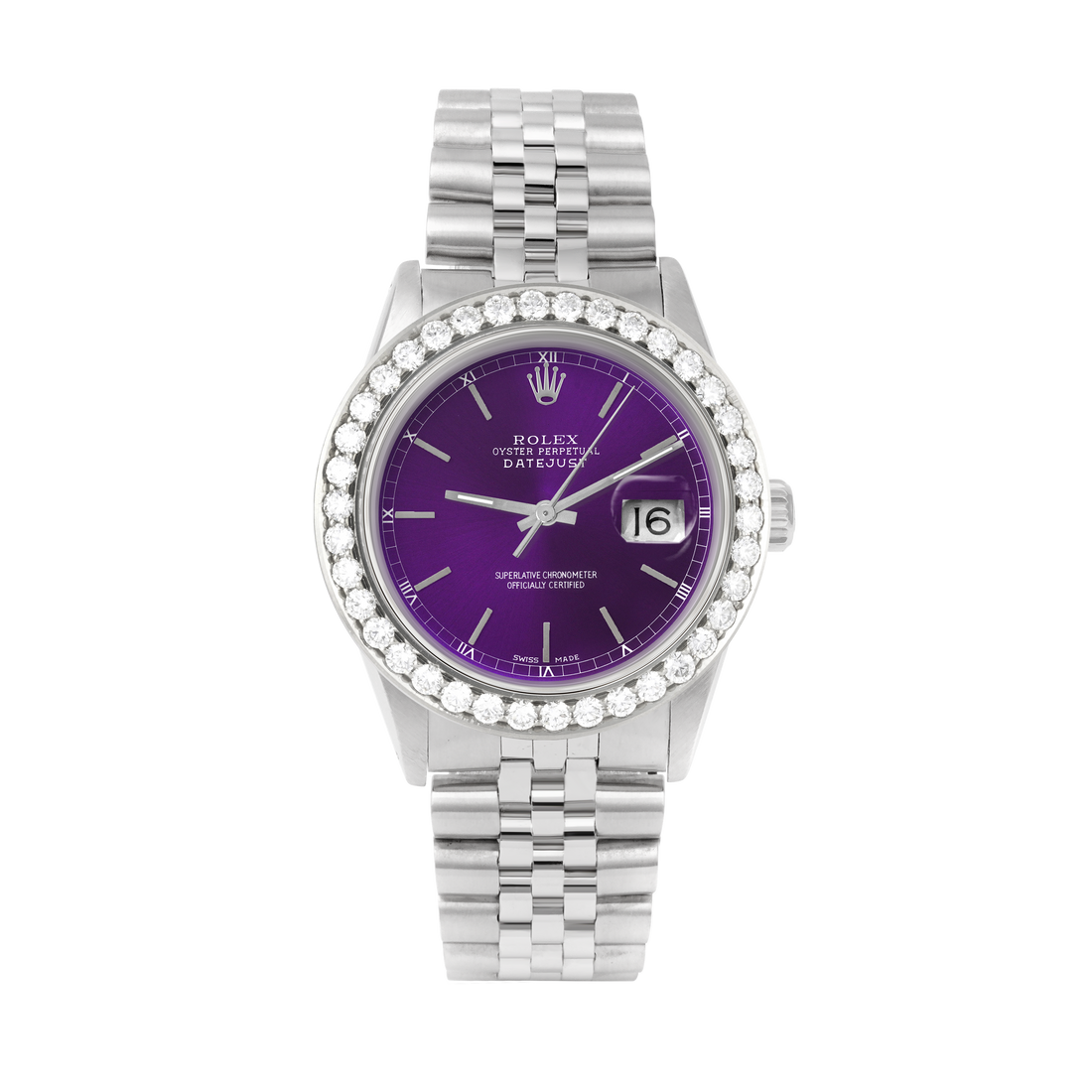 Rolex Datejust 36mm STAINLESS STEEL 16234 Purple Dial | Stick Hour Markers, 2.5 ct Diamond Bezel
