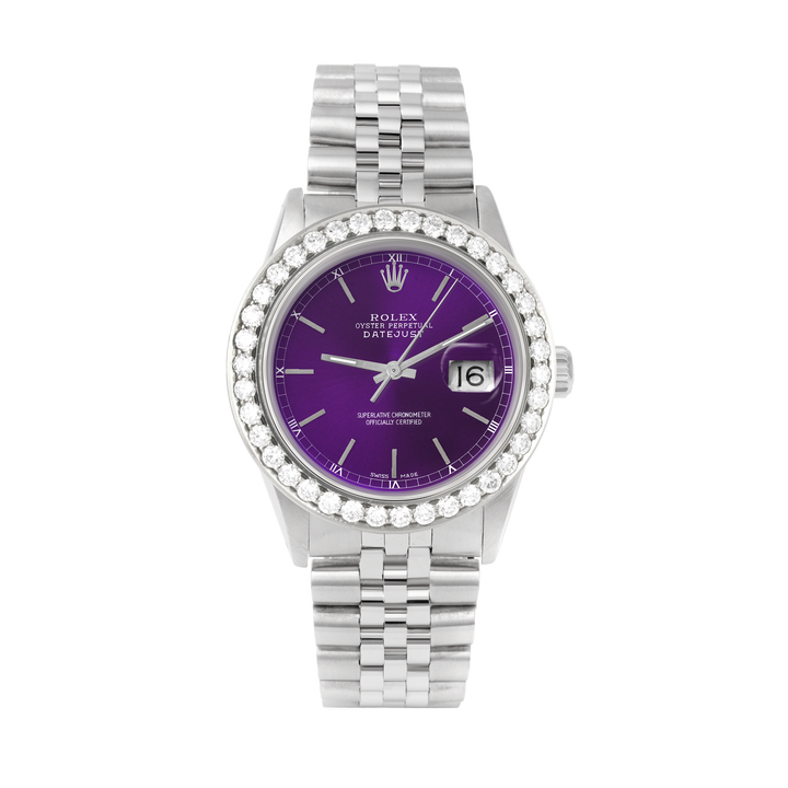 Rolex Datejust 36mm STAINLESS STEEL 16234 Purple Dial | Stick Hour Markers, 2.5 ct Diamond Bezel