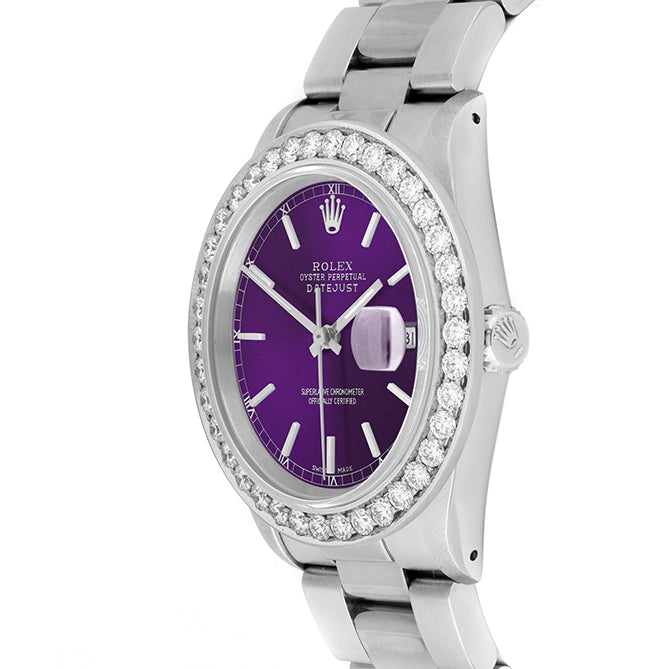 Rolex Datejust 36mm STAINLESS STEEL 16234 Purple Dial | Stick Hour Markers, 2.5 ct Diamond Bezel
