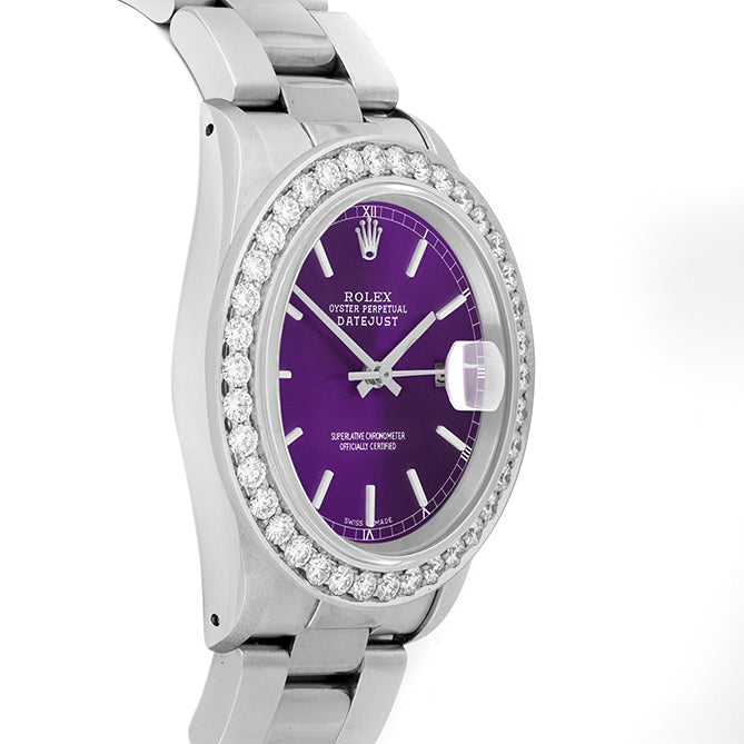 Rolex Datejust 36mm STAINLESS STEEL 16234 Purple Dial | Stick Hour Markers, 2.5 ct Diamond Bezel