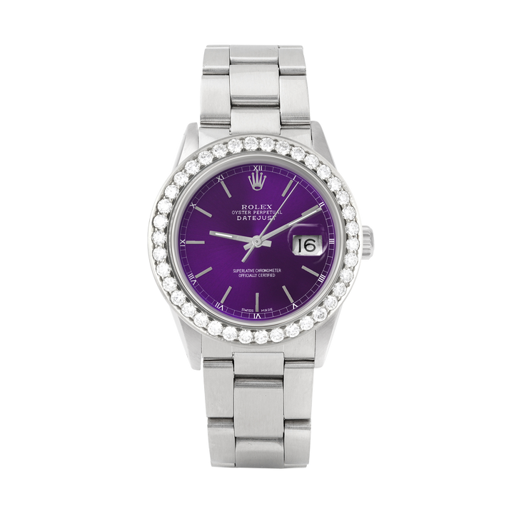 Rolex Datejust 36mm STAINLESS STEEL 16234 Purple Dial | Stick Hour Markers, 2.5 ct Diamond Bezel