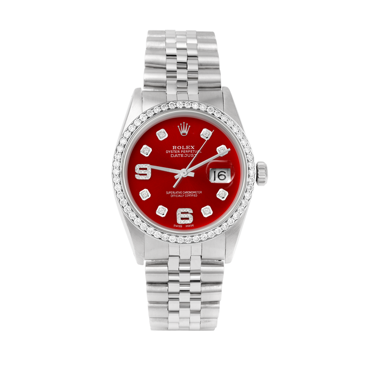 Rolex Datejust 36mm STAINLESS STEEL 16234 Red Dial | 6&9 Diamond |Diamond Hour Markers | 1 ct Diamond Bezel