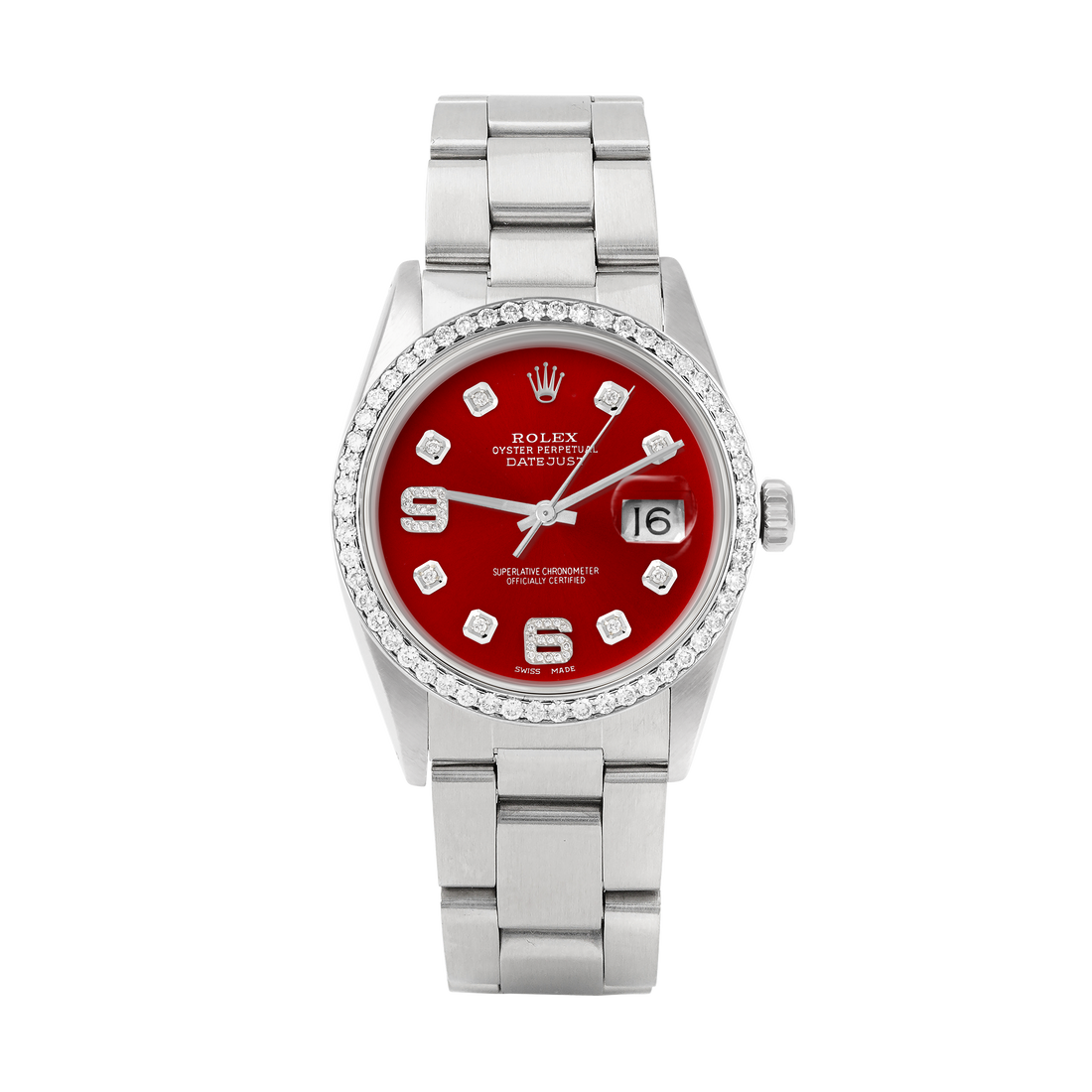 Rolex Datejust 36mm STAINLESS STEEL 16234 Red Dial | 6&9 Diamond |Diamond Hour Markers | 1 ct Diamond Bezel