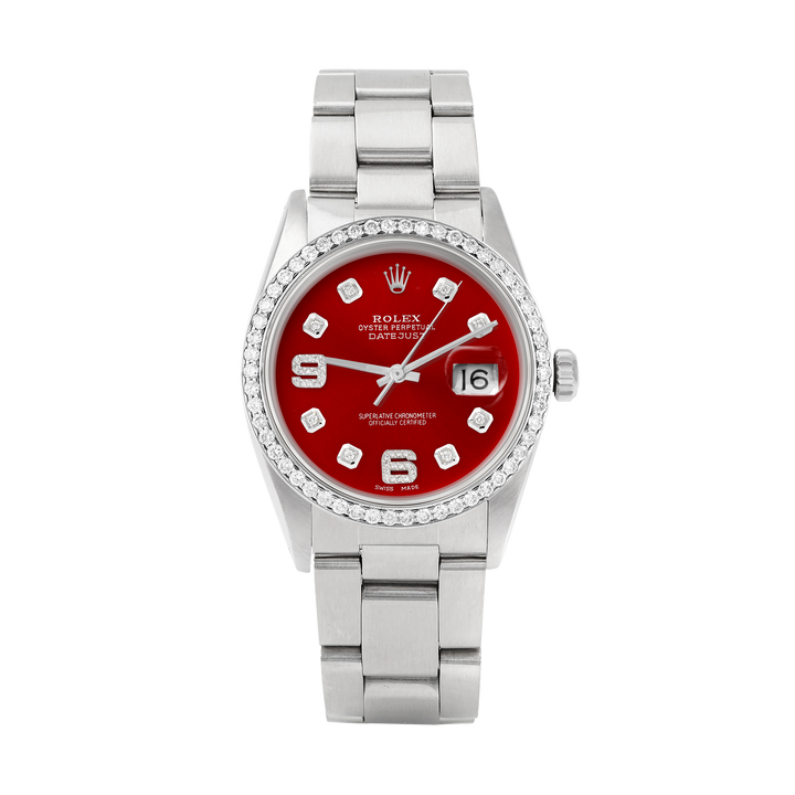 Rolex Datejust 36mm STAINLESS STEEL 16234 Red Dial | 6&9 Diamond |Diamond Hour Markers | 1 ct Diamond Bezel