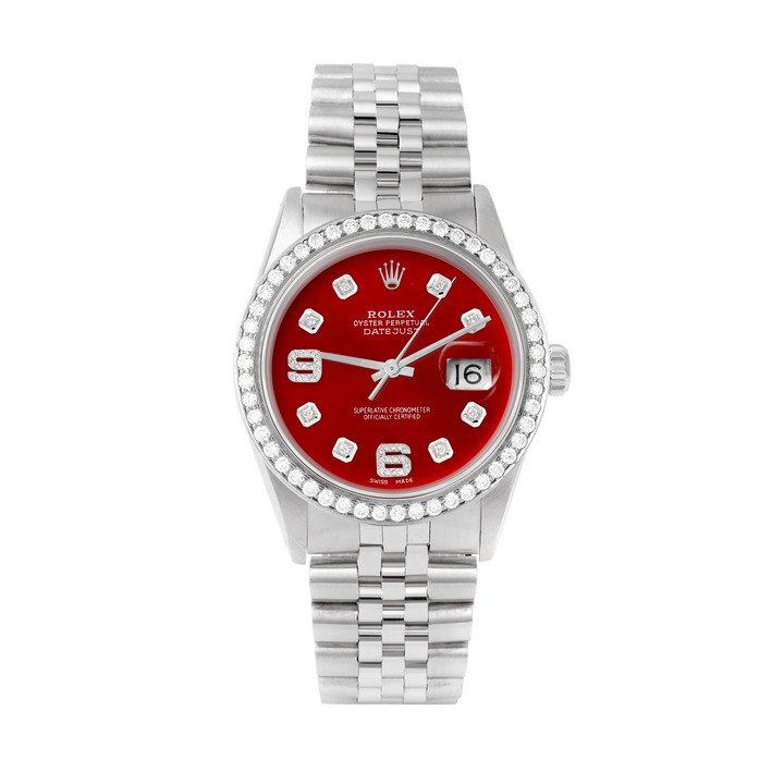 Rolex Datejust 36mm STAINLESS STEEL 16234 Red Dial | 6&9 Diamond |Diamond Hour Markers | 1.8 ct Diamond Bezel