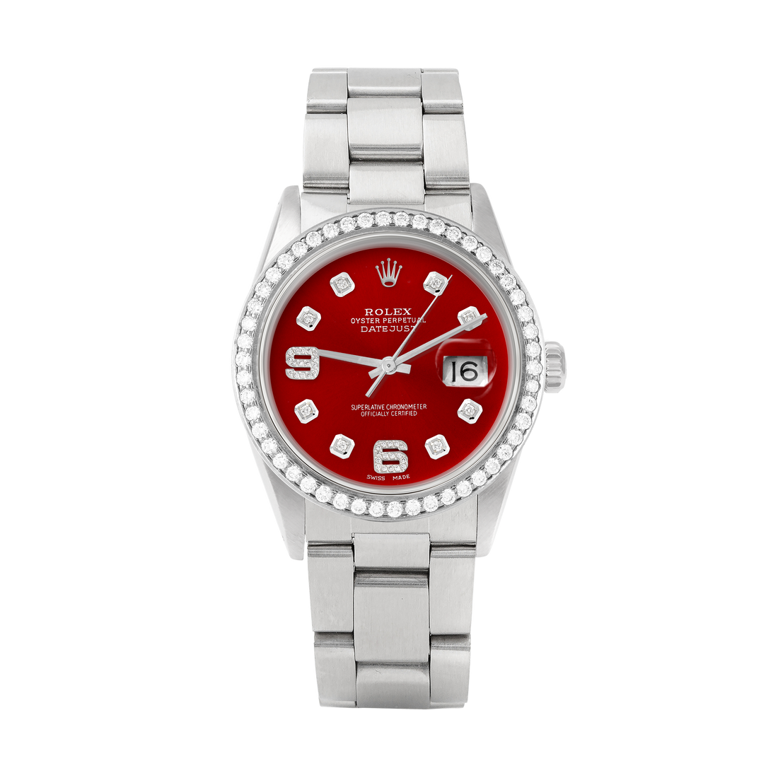 Rolex Datejust 36mm STAINLESS STEEL 16234 Red Dial | 6&9 Diamond |Diamond Hour Markers | 1.8 ct Diamond Bezel