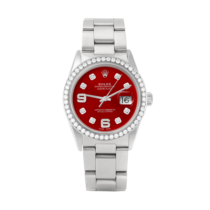 Rolex Datejust 36mm STAINLESS STEEL 16234 Red Dial | 6&9 Diamond |Diamond Hour Markers | 1.8 ct Diamond Bezel