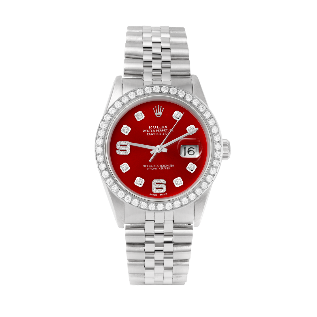Rolex Datejust 36mm STAINLESS STEEL 16234  Red  Dial | 6&9 Diamond Hour Markers | 2 ct Diamond Bezel