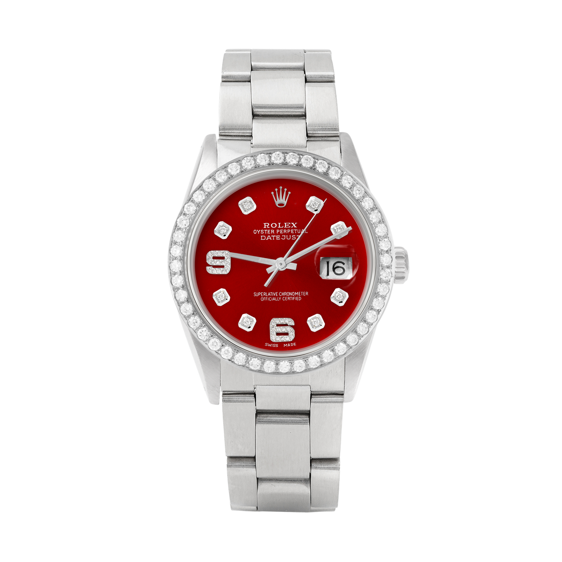 Rolex Datejust 36mm STAINLESS STEEL 16234  Red  Dial | 6&9 Diamond Hour Markers | 2 ct Diamond Bezel