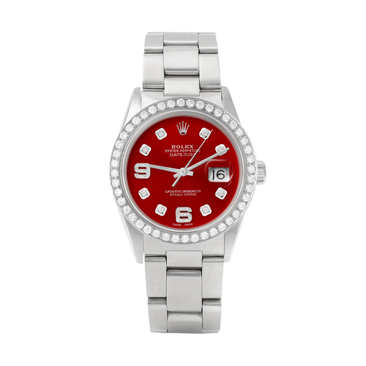 Rolex Datejust 36mm STAINLESS STEEL 16234  Red  Dial | 6&9 Diamond Hour Markers | 2 ct Diamond Bezel