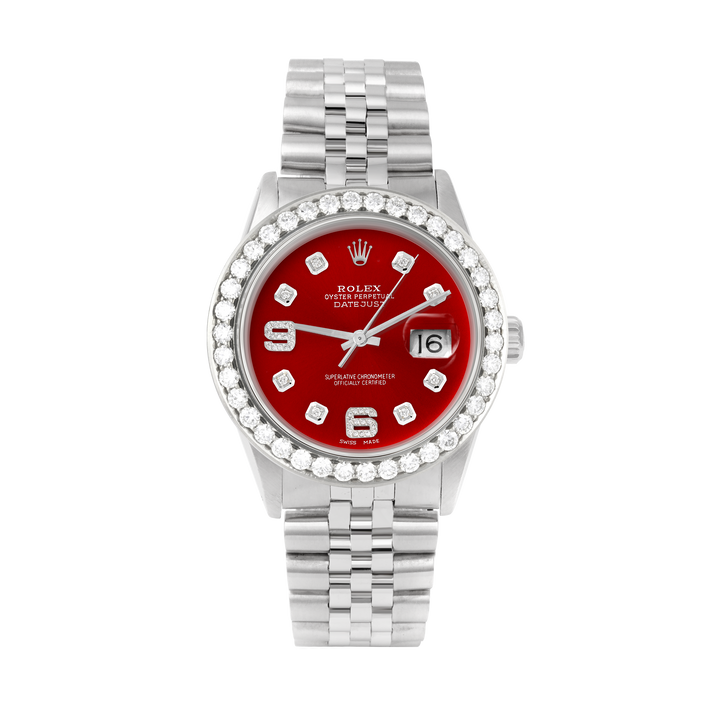 Rolex Datejust 36mm STAINLESS STEEL 16234 Red Dial |6&9 Diamond Hour Markers | 2.5 ct Diamond Bezel