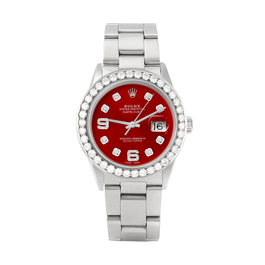 Rolex Datejust 36mm STAINLESS STEEL 16234 Red Dial |6&9 Diamond Hour Markers | 2.5 ct Diamond Bezel