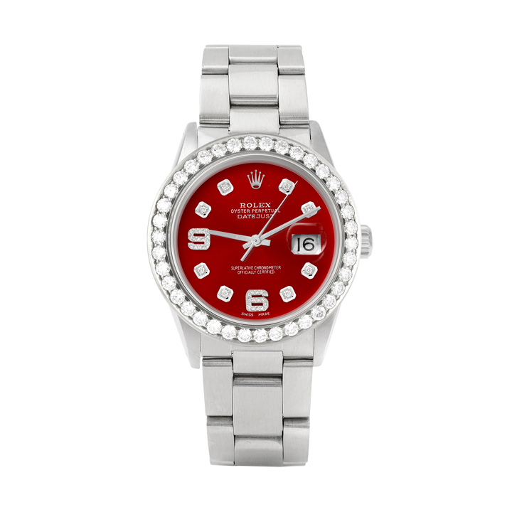 Rolex Datejust 36mm STAINLESS STEEL 16234 Red Dial |6&9 Diamond Hour Markers | 2.5 ct Diamond Bezel